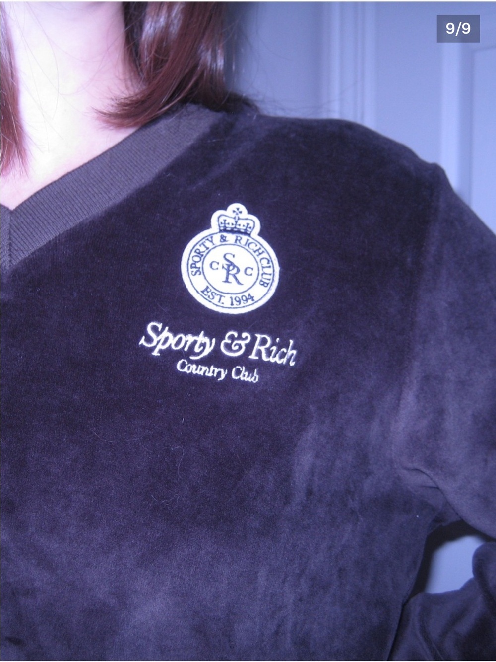 Sporty & Rich Brown Velour V-Neck Sweater with Crest Embroidery
